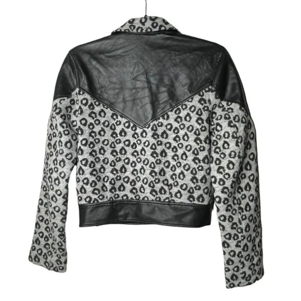 VIGOSS Black Leopard Print Moto Jacket Faux Leather‎ Combo Women's XS